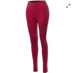 Zenana Premium Cotton Tummy Control Moto Leggings - Dark Burg - Size L
